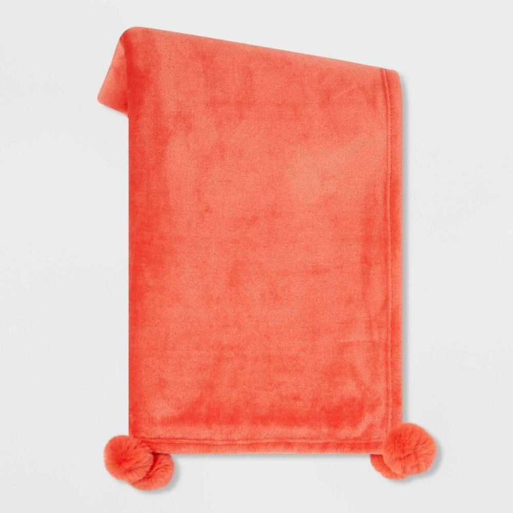 Plush Throw Blanket with Faux Fur Pom-Poms Red